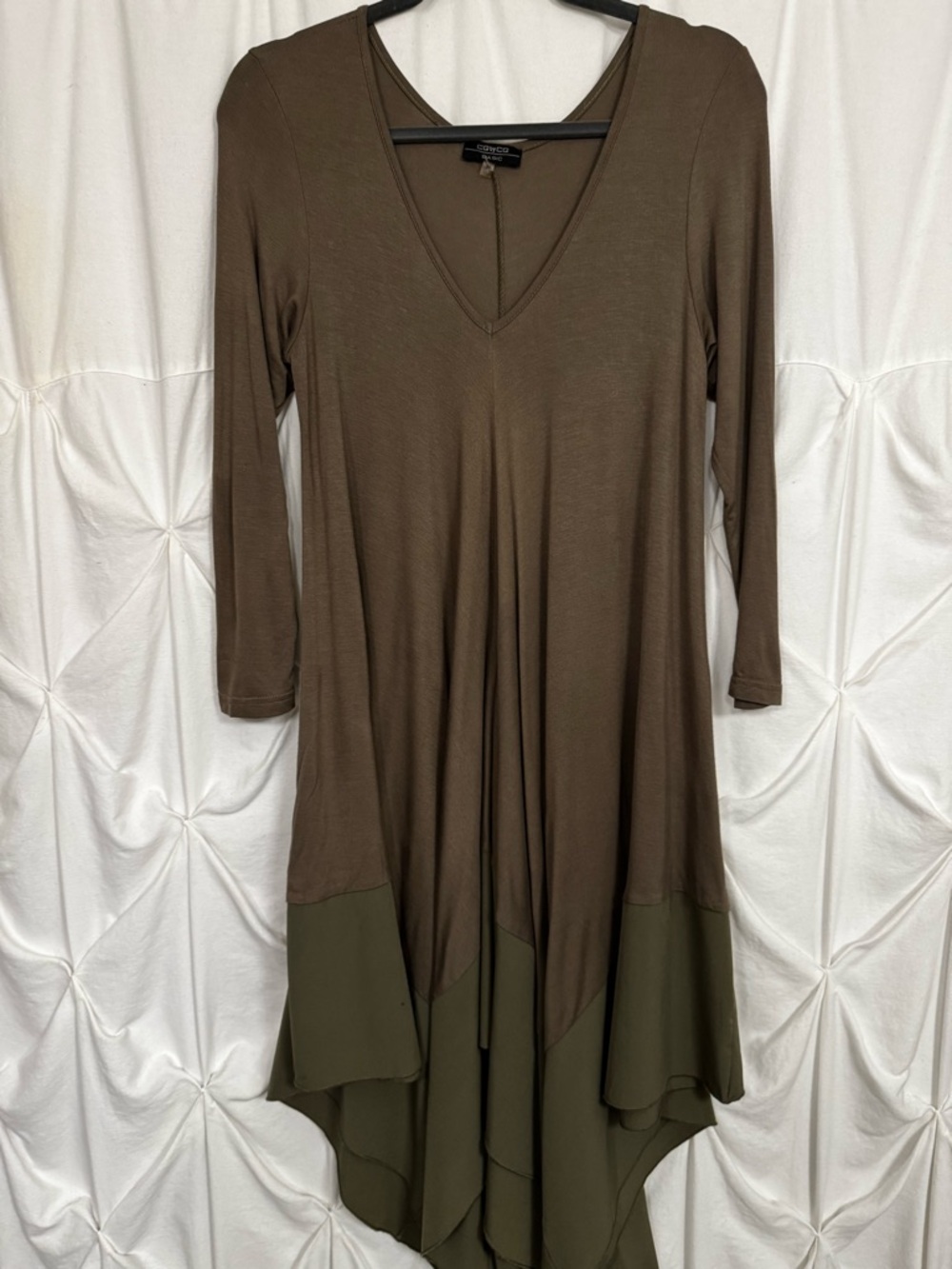 CQ by CQ Brown Olive Green Handkerchief V-Neck Tunic Top Medium